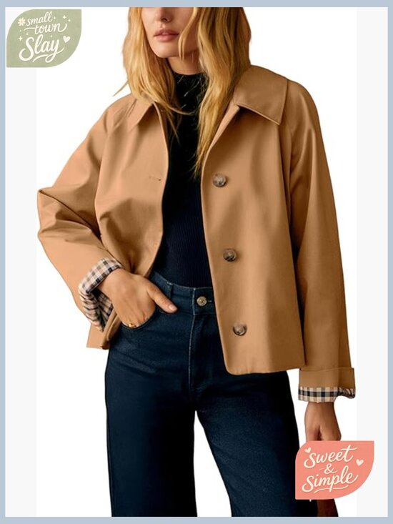 Jackets & Blazers - Short Trench Jacket Plaid Lining Button Front Lightweight Casual with Pockets